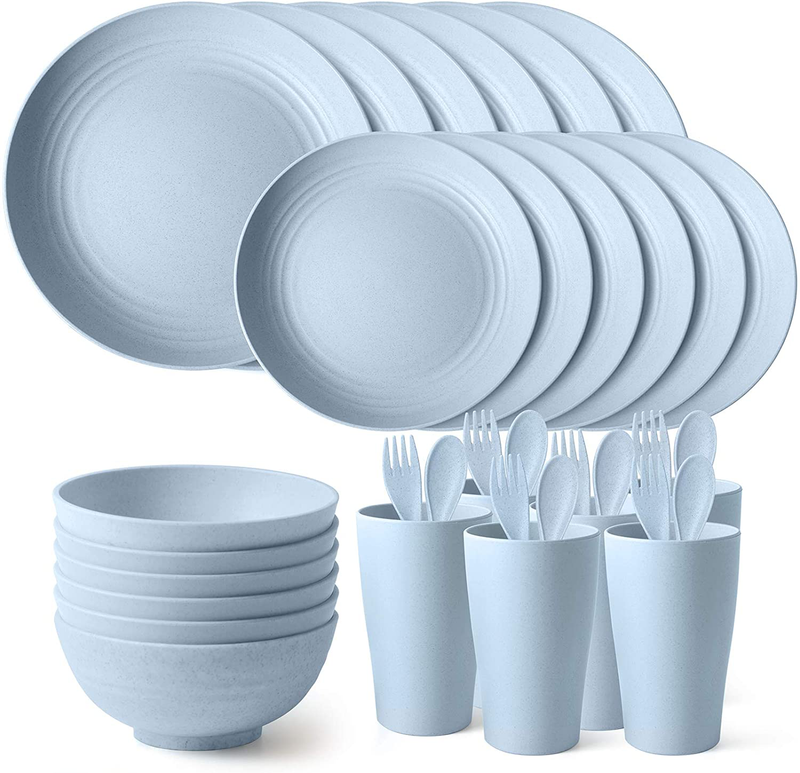 Teivio 24-Piece Kitchen Wheat Straw Dinnerware Set, Dinner Plates, Dessert Plate, Cereal Bowls, Cups, Unbreakable Plastic Outdoor Camping Dishes (Service for 6 (24 piece), Multicolor) Home & Garden > Kitchen & Dining > Tableware > Dinnerware Teivio Blue Service for 6 (24 piece with flatware) 