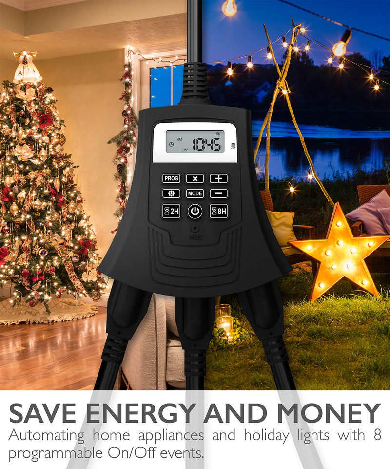 Fosmon 7 Day Outdoor Heavy Duty Digital Programmable Timer with 3 Grounded Outlets, (15A, 1/2 HP, 1875W), Weatherproof, 8 Programmable Setting with Photocell, 2hr/8hr Countdown Functions, UL Listed