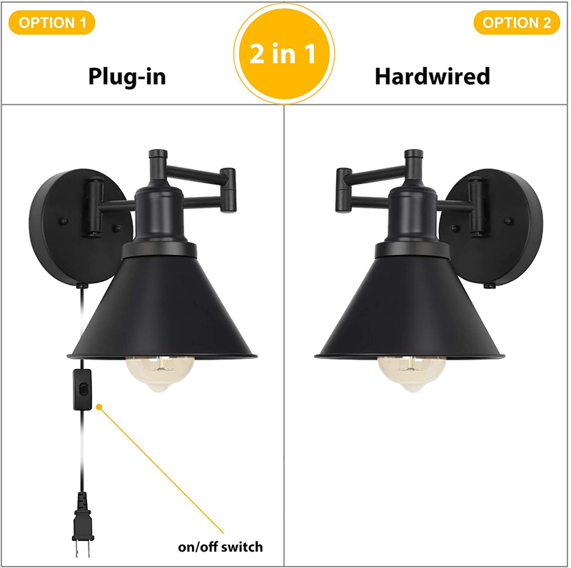 HAITRAL Black Wall Sconces Lighting-Plug in Wall Lamps with On/Off Switch, Wall Lamps for Bedroom Set of 2 Wall Mounted Lights for Bedroom,Bedside,Living Room,Dorm- Black