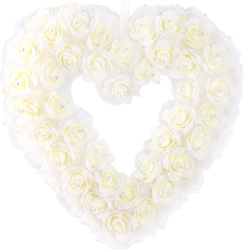 Idyllic Heart Shaped Wreath Floral Rose Artificial Garland Door Wreath for Home Wedding Valentine'S Day Decoration, Ivory, 14 Inches Home & Garden > Decor > Seasonal & Holiday Decorations idyllic Ivory  