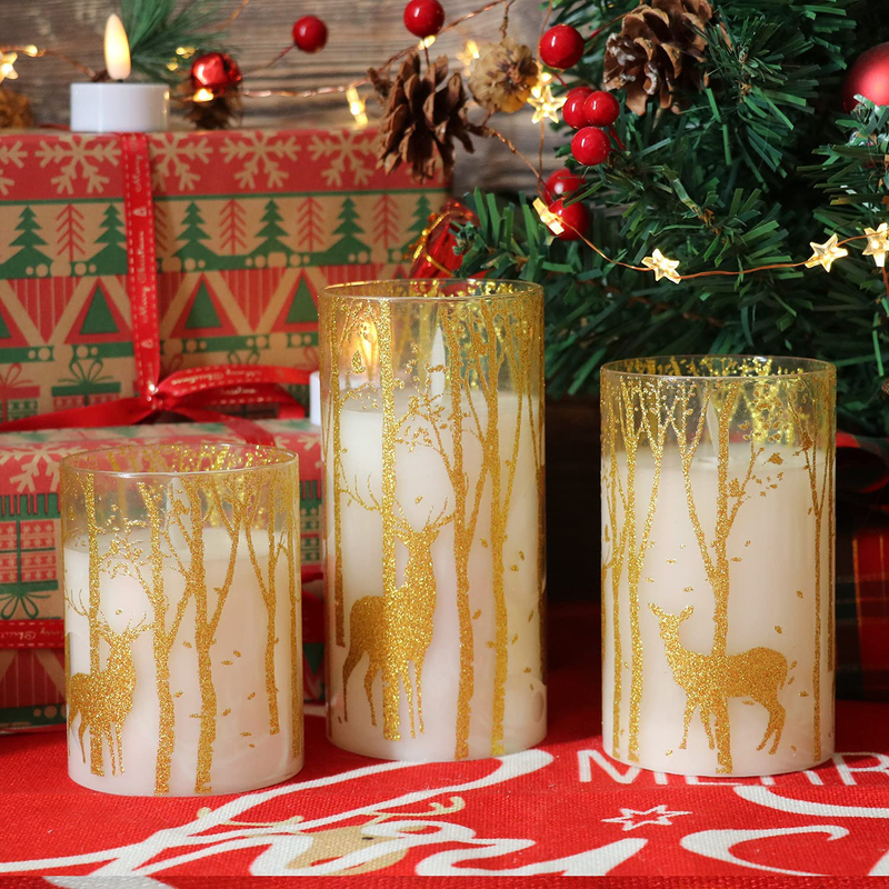 GenSwin Glass Flameless Candles with Elk Decor and Remote Timers, Battery Operated Moving Wick Led Flickering Light, Set of 3 Real Wax Pillar Candles for Christmas Home Decoration Home & Garden > Decor > Seasonal & Holiday Decorations& Garden > Decor > Seasonal & Holiday Decorations GenSwin   
