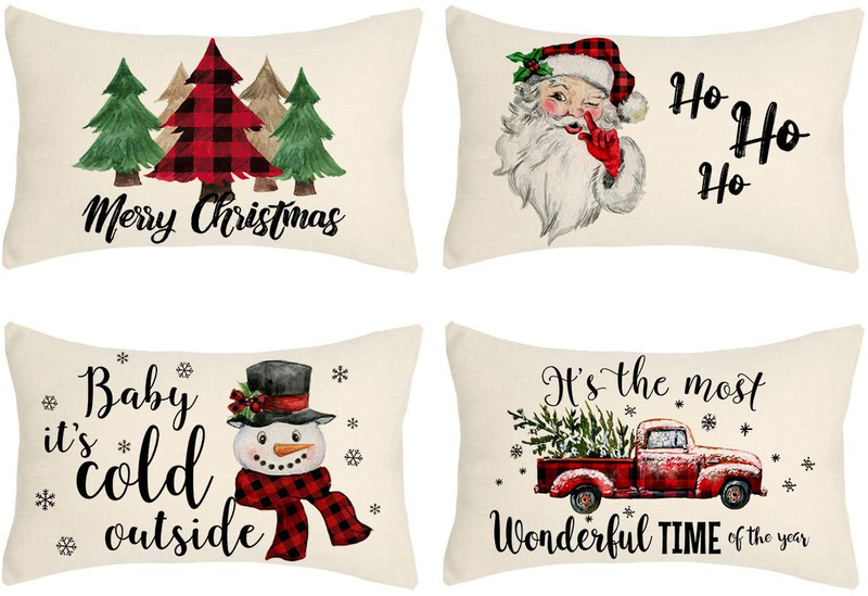 Christmas Pillow Covers 18x18 Set of 4 Farmhouse Christmas Decor Red Black Buffalo Plaids Winter Holiday Decorations Throw Cushion Case for Home Couch(Tree, Rustic Truck, Santa Claus, Snowman Quote) Home & Garden > Decor > Seasonal & Holiday Decorations& Garden > Decor > Seasonal & Holiday Decorations 4TH Emotion Red Black 12 X 20 inches 