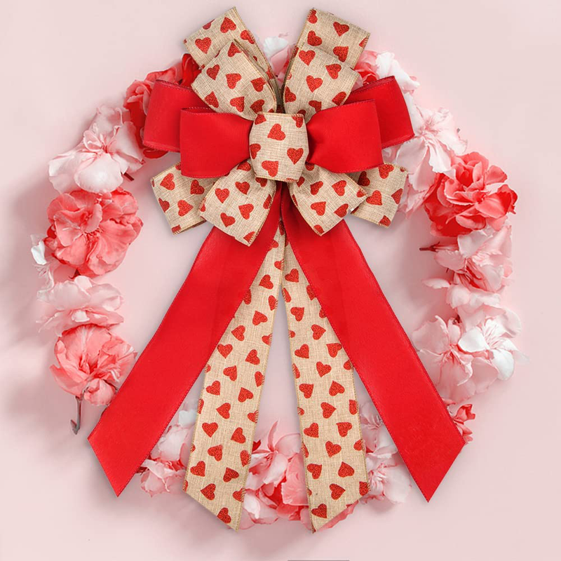 Large Valentine'S Day Bows for Wreath, Linen Heart Red Wreath Bow for Valentine'S Décor - Burlap Bow for Front Door Indoor Outdoor Wall Decoration Supplies Ornament Home & Garden > Decor > Seasonal & Holiday Decorations Hying   