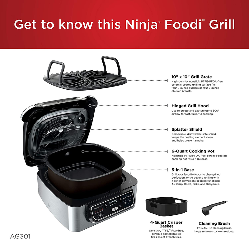 Ninja Foodi AG301 5-in-1 Indoor Electric Countertop Grill with 4-Quart Air Fryer, Roast, Bake, Dehydrate, and Cyclonic Grilling Technology Home & Garden > Kitchen & Dining > Kitchen Appliances Ninja   