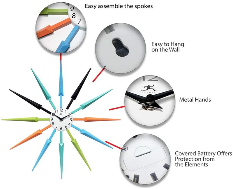 Infinity Instruments Celeste Multi-Color Mid Century Starburst Wall Clock, 25 inch, Multicolored