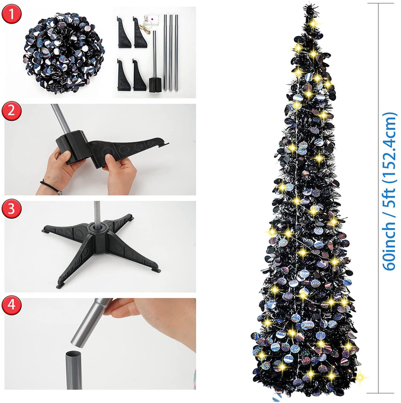 Halloween Christmas Tree with 50 Lights,5ft Black Artificial Glittery Circle Sequin Collapsible Pencil Tinsel Trees for Decorations Indoor Holiday Party Home & Garden > Decor > Seasonal & Holiday Decorations > Christmas Tree Stands WOKEISE   