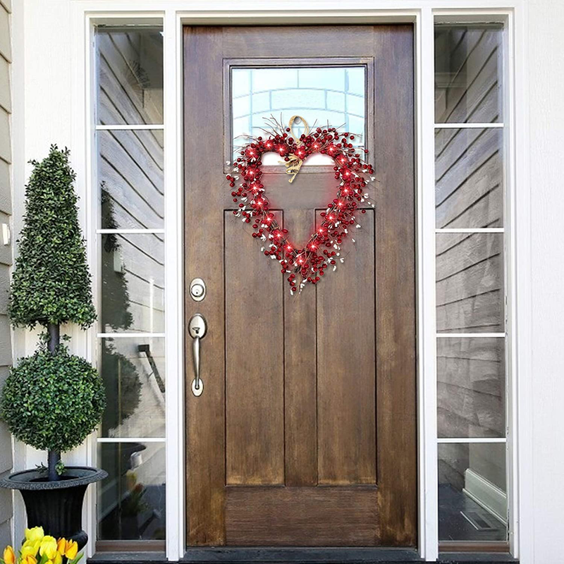 TURNMEON Prelit 16 Inch Heart Valentines Wreath Front Door Decorations Valentines Lights 20 LED Battery Operated 220 Red Berries 248 White Seeds Valentines Day Decor Indoor Home Outdoor Party