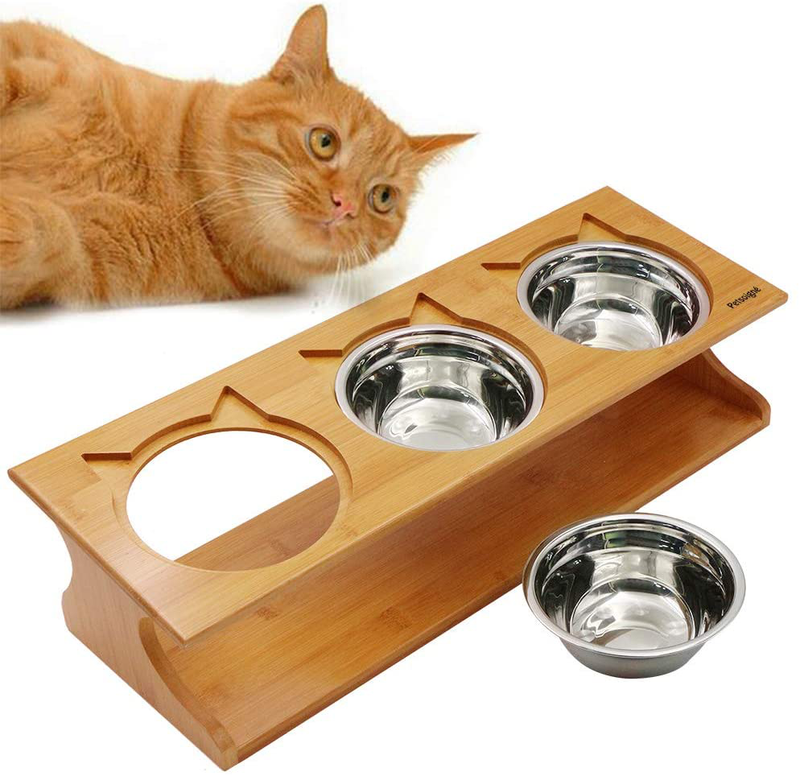 Petsoigné Cat Bowls Pet Dining Table with Raised Slope Wooden Stand Elevated Pet Bowls with Oblique Stand for Cats, Dogs, Kitten and Puppy (3 Bowls, Steel)