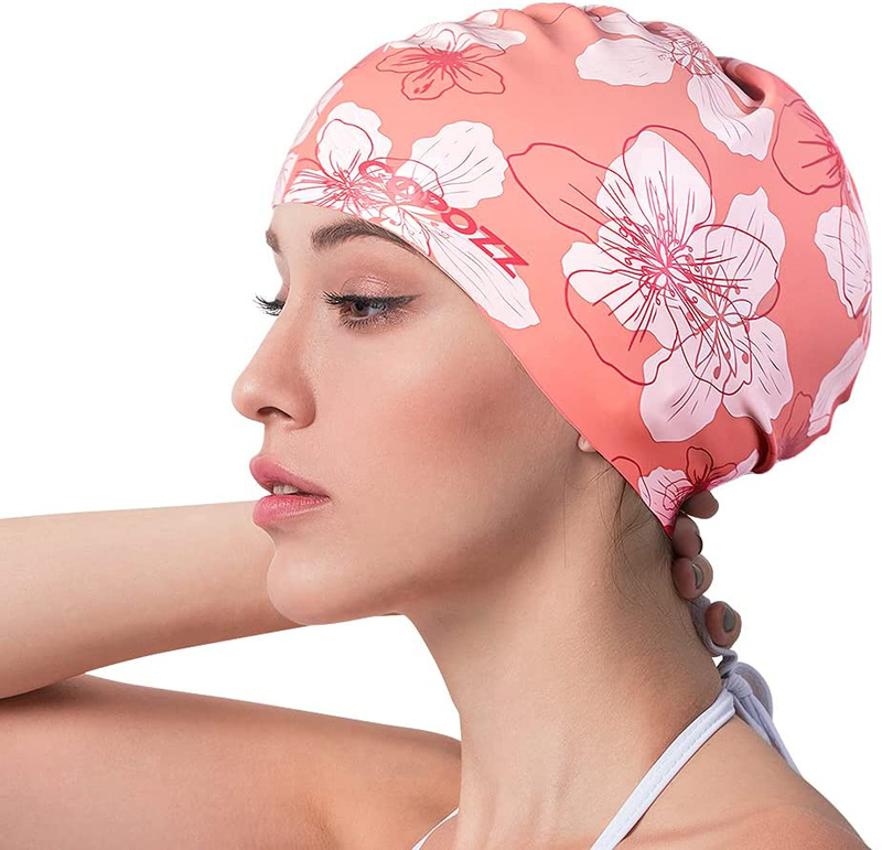 COPOZZ Kids/Adult Swim Caps, Silicone Waterproof Comfy Bathing Cap Swimming Hat for Long and Short Hair Sporting Goods > Outdoor Recreation > Boating & Water Sports > Swimming > Swim Caps COPOZZ Pink-Orange Flower-12yrs+  