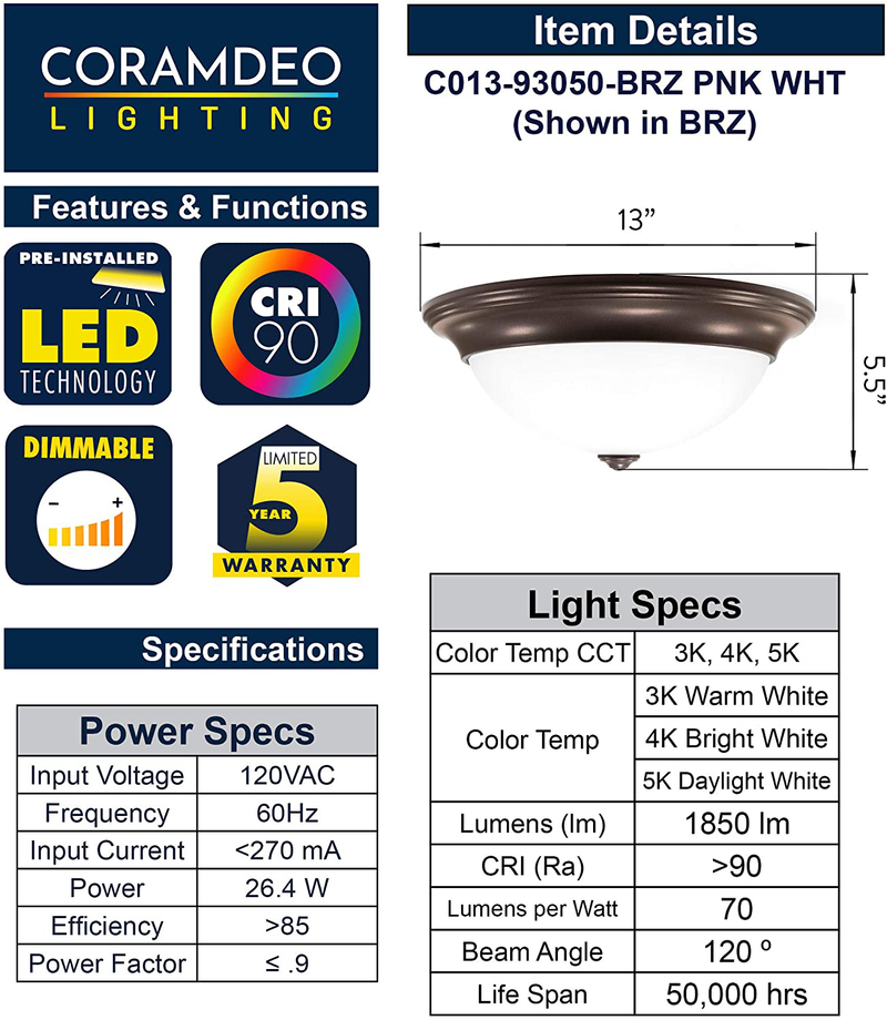 CORAMDEO 13 Inch LED Decorative Flush Mount Ceiling Fixture, Color Select Switch, Built in LED Gives 175W of Light from 26.4W of Power, 1850 Lumen, Dimmable, Bronze Finish with Frosted Glass Home & Garden > Lighting > Lighting Fixtures > Ceiling Light Fixtures KOL DEALS   