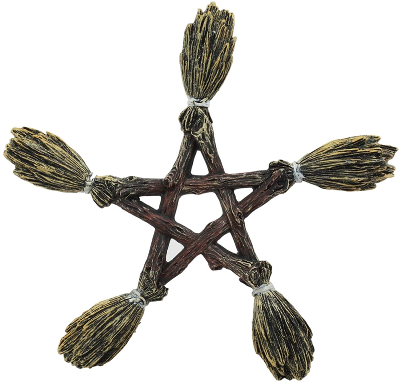 Ebros Witchcraft and Wiccan Broomsticks Pentagram Wall Decor Hanging Plaque Figurine Wicca Pentacle Sculpture Symbol Of 5 Elements Of The Universe As Halloween Prop or Gift Ideas For Occultism Pagan