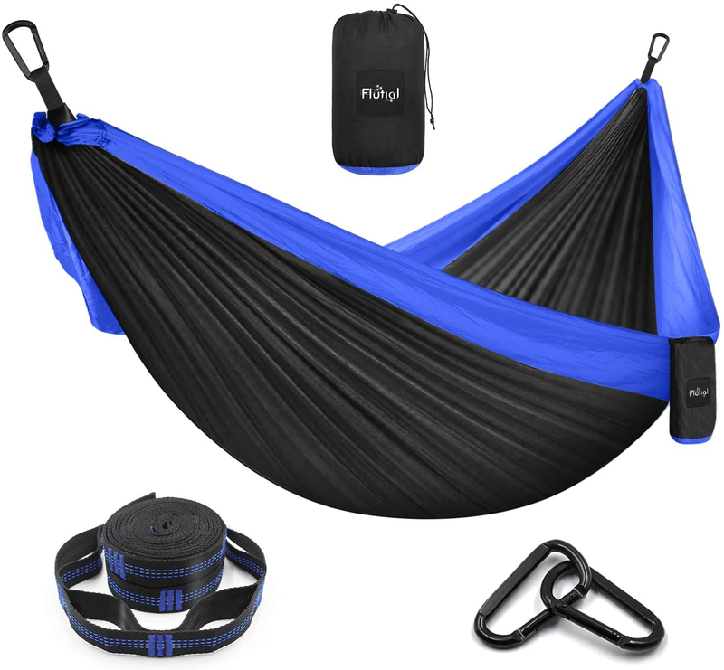 Flutial Camping Hammock Double & Single Portable Hammock with Tree Straps, Lightweight Nylon Parachute Hammocks for Indoor Outdoor Backpacking, Travel, Hiking Home & Garden > Lawn & Garden > Outdoor Living > Hammocks Flutial Black&blue Two Person 