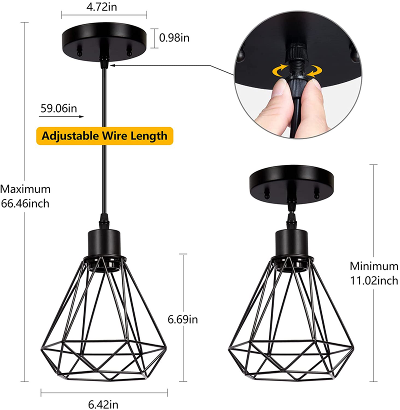 Industrial Pendant Light Adjustable Hanging Light Fixtures with Black Metal Cage, Boncoo Vintage Pendant Lights Farmhouse Ceiling Lighting Pendant Lamp E26 Base for Kitchen Island Dining Room, 2 Pack Home & Garden > Lighting > Lighting Fixtures Boncoo   