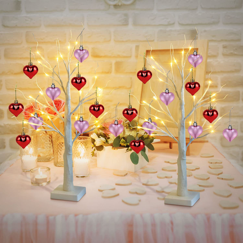Fastdeng 2FT White Valentines Tree - Prelit Birch Tree with 10 Pink & Red Heart-Shaped Ornaments, 24 Warm White LED, Battery Operated Tabletop Lamp, 6-Hours Timer, for Christmas Decor, Mother'S Day Home & Garden > Decor > Seasonal & Holiday Decorations FastDeng 2 Pack  