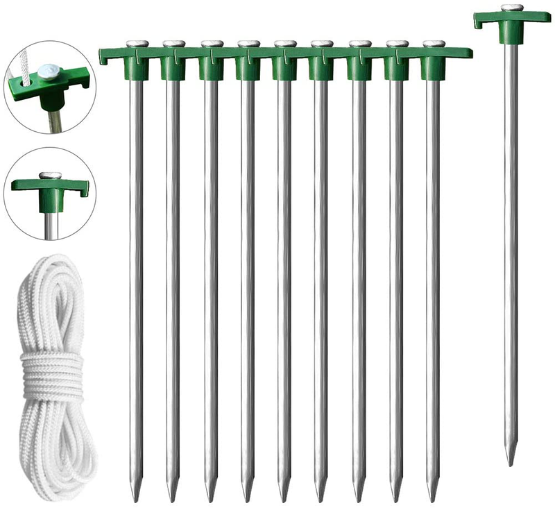 Eurmax USA Galvanized Non-Rust Camping Family Tent Pop up Tent Stakes Ice Tools Heavy Duty 10Pc-Pack, with 4X10Ft Ropes & 1 Green Stopper Sporting Goods > Outdoor Recreation > Camping & Hiking > Tent Accessories Eurmax Green  