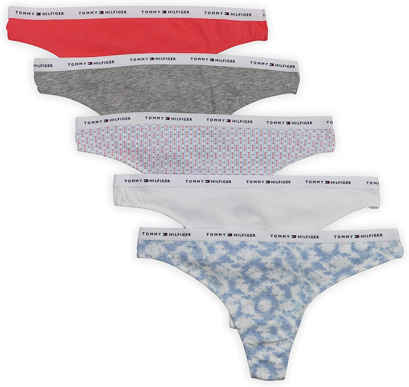 Tommy Hilfiger Women's Classic Cotton Thong, 5 Pack Apparel & Accessories > Clothing > Underwear & Socks > Bras Tommy Hilfiger Tie Dye/White/Th Geo Allover/ Grey/Coral Large 