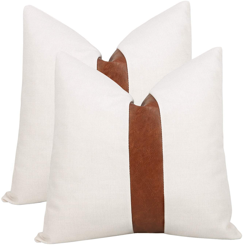 Set of 2 White Linen Patchwork Faux Leather Throw Pillow Covers for Couch Living Room Bedroom, Modern Accent Decorative Square Cushion Covers 20X20 Inch (White, 20X20 Inch) Home & Garden > Decor > Chair & Sofa Cushions cygnus White 18x18 inch 