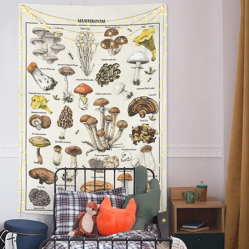 Mushroom Tapestry Vintage Tapestry Illustrative Reference Chart Tapestry Fungus Tapestry Colorful Vertical Tapestry Wall Hanging for Room(51.2 x 59.1 inches)