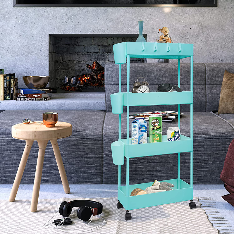 OVAKIA 4-Tier Slim Rolling Utility Cart Storage Shelves Trolley Storage Organizer Shelving Rack with Mesh Baskets / Wheel Casters for Laundry Pantry Bathroom Kitchen Office Narrow Places(Teal)