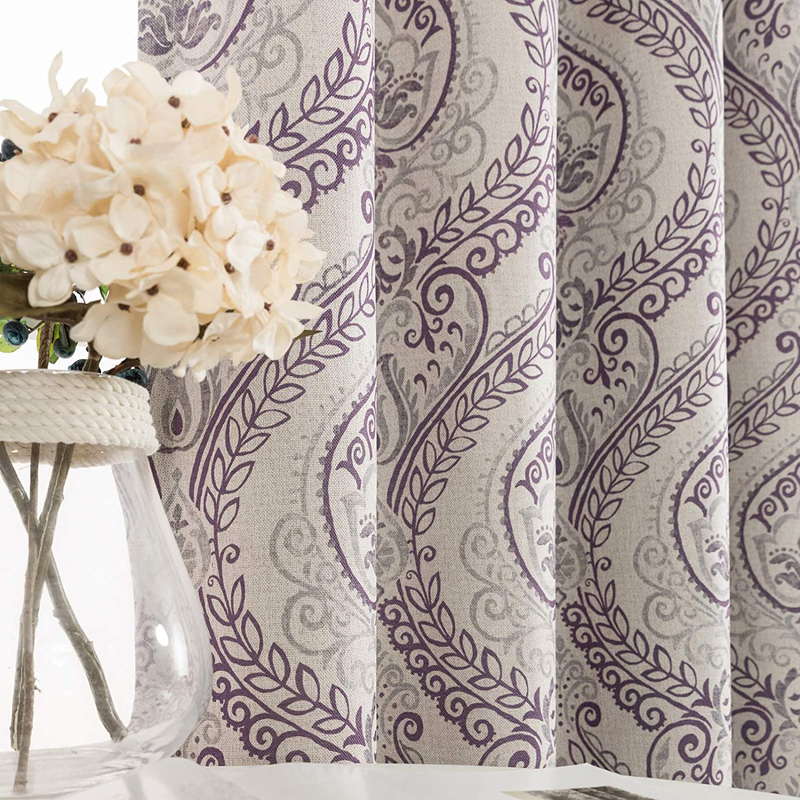 Linen Textured Curtains for Bedroom Damask Printed Drapes Vintage Linen Look Medallion Curtain Panels Red Window Treatments Room Darkening for Living Room Patio Door 2 Panels 84 Inch Terrared Home & Garden > Decor > Window Treatments > Curtains & Drapes jinchan Purple W50 x L84 