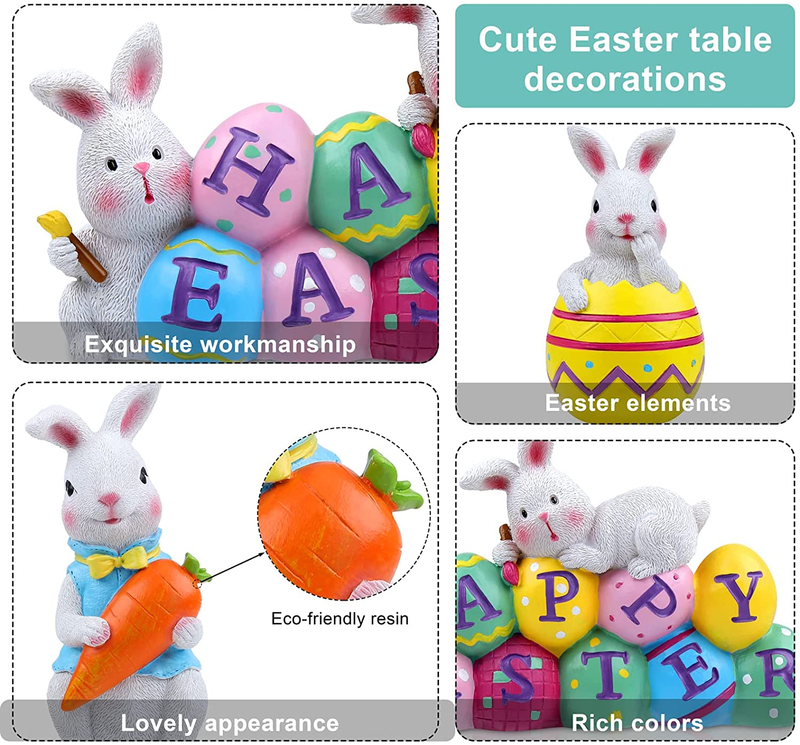 Fovths 3 Pieces Easter Table Decor Happy Easter Resin Bunnies Egg Tabletopper Ornaments Cute Spring Rabbit Statue Centerpieces Decor for Party Home Holiday Decoration Home & Garden > Decor > Seasonal & Holiday Decorations Fovths   