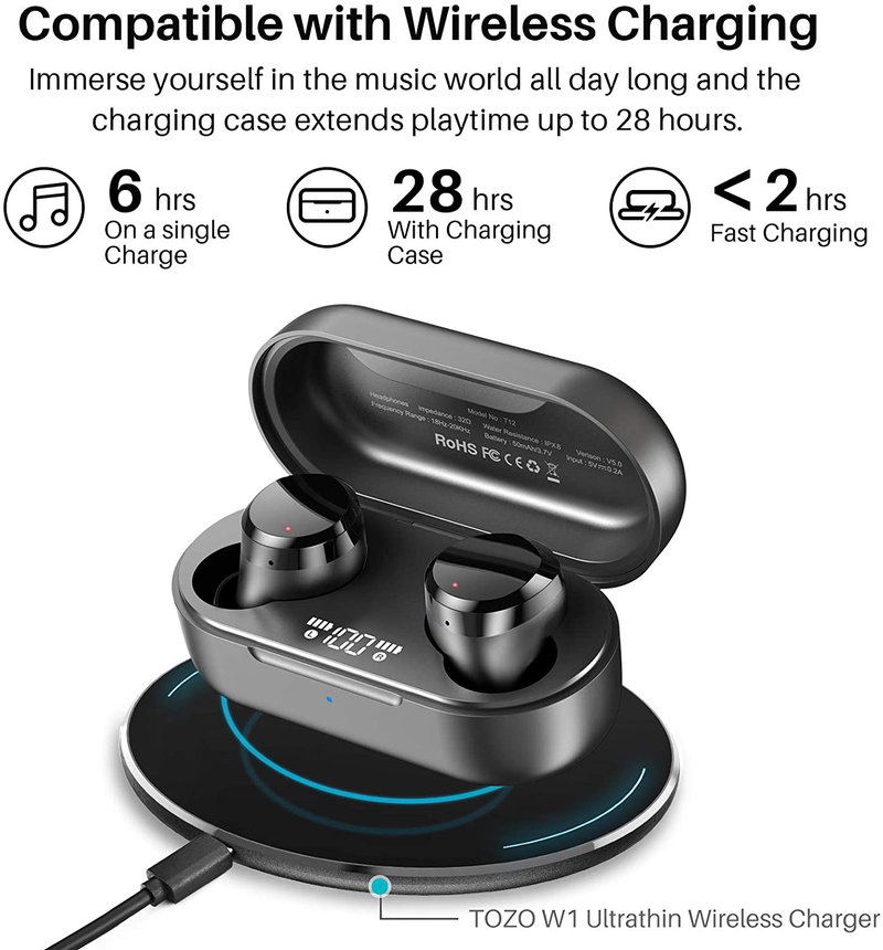 TOZO T12 Wireless Earbuds Bluetooth Headphones Premium Fidelity Sound Quality Wireless Charging Case Digital LED Intelligence Display IPX8 Waterproof Earphones Built-in Mic Headset for Sport Black Electronics > Audio > Audio Components > Headphones & Headsets > Headphones TOZO   