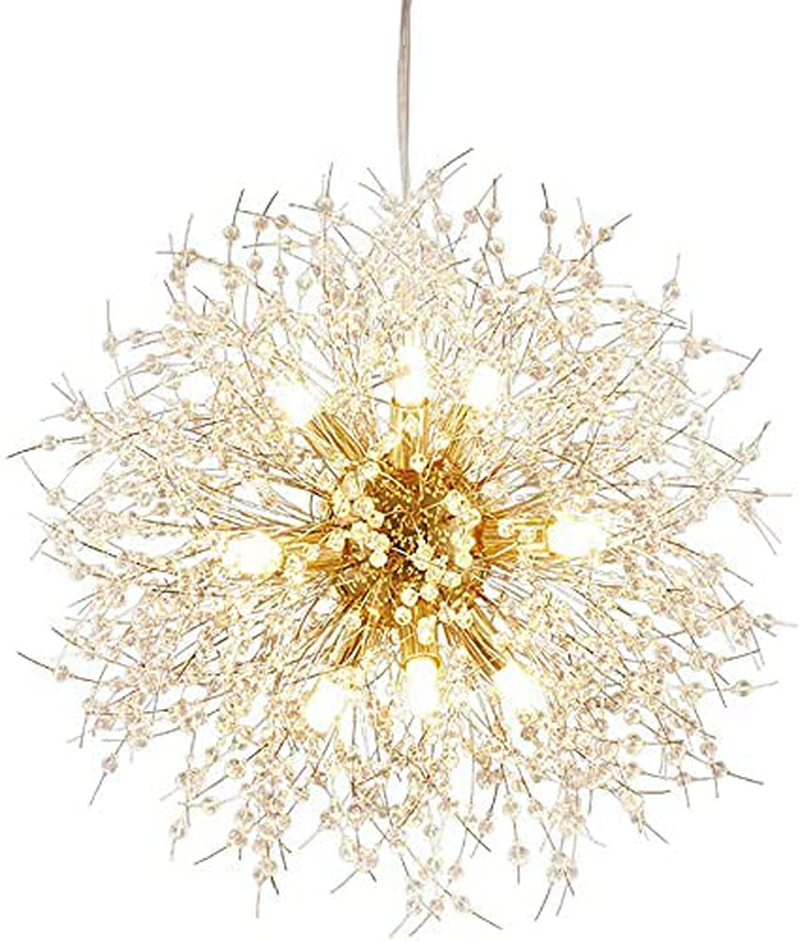 Qamra Modern Crystal Gold Chandeliers, Firework Dandelion Sputnik Chandelier Light Fixture Pendant Lighting for Dining Room, Bedroom, Kitchen, Living Room(12-Light, Gold)