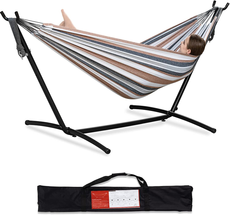 PNAEUT Double Hammock with Space Saving Steel Stand Included 2 Person Heavy Duty Outside Garden Yard Outdoor 450lb Capacity 2 People Standing Hammocks and Portable Carrying Bag (Coffee) Home & Garden > Lawn & Garden > Outdoor Living > Hammocks PNAEUT Coffee  