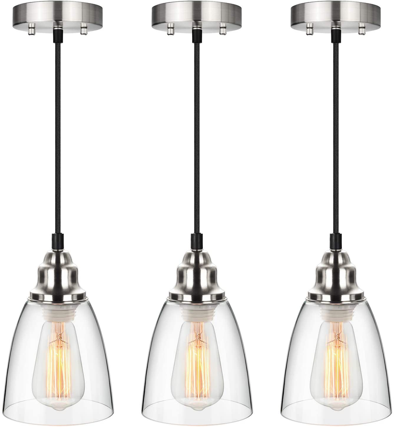 Industrial Mini Pendant Lighting, Clear Glass Shade Hanging Light Fixture, Brushed Nickel, Adjustable Vintage Edison Farmhouse Lamp for Kitchen Island, Restaurants, Hotels and Shops, 3-Pack