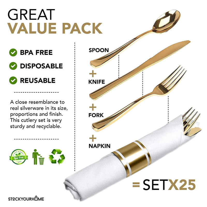 Pre Rolled Napkin and Cutlery Set 25 Pack Disposable Silverware for Catering Events, Parties, and Weddings (Gold)