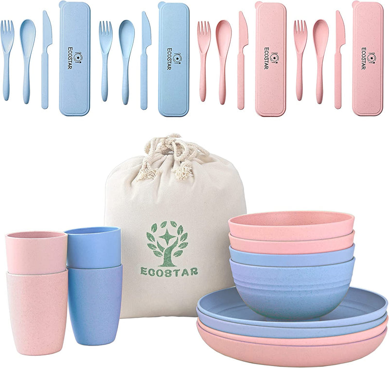 ECOSTAR Wheat Straw Dinnerware Sets - 28-Piece Unbreakable Dinnerware Set, Microwave and Dishwasher Safe - Utensil Sets, Plate and Bowl Sets for Party, Picnic, Camping, Dorm (Pink) Home & Garden > Kitchen & Dining > Tableware > Dinnerware ECOSTAR Blue/Pink  
