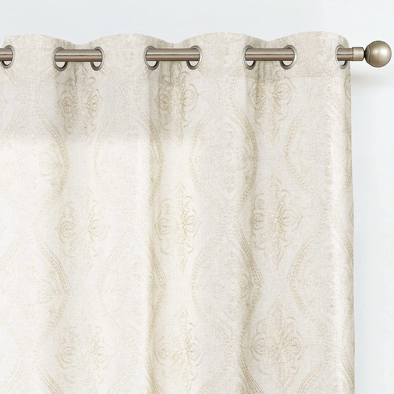 Linen Textured Curtains for Living Room Embroidered Design Window Curtains Light Filtering Flax Linen Look Window Treatment Set for Bedroom Grommet Top 2 Panels 96 Inch Length Gold Home & Garden > Decor > Window Treatments > Curtains & Drapes jinchan Linen Beige 63"L 