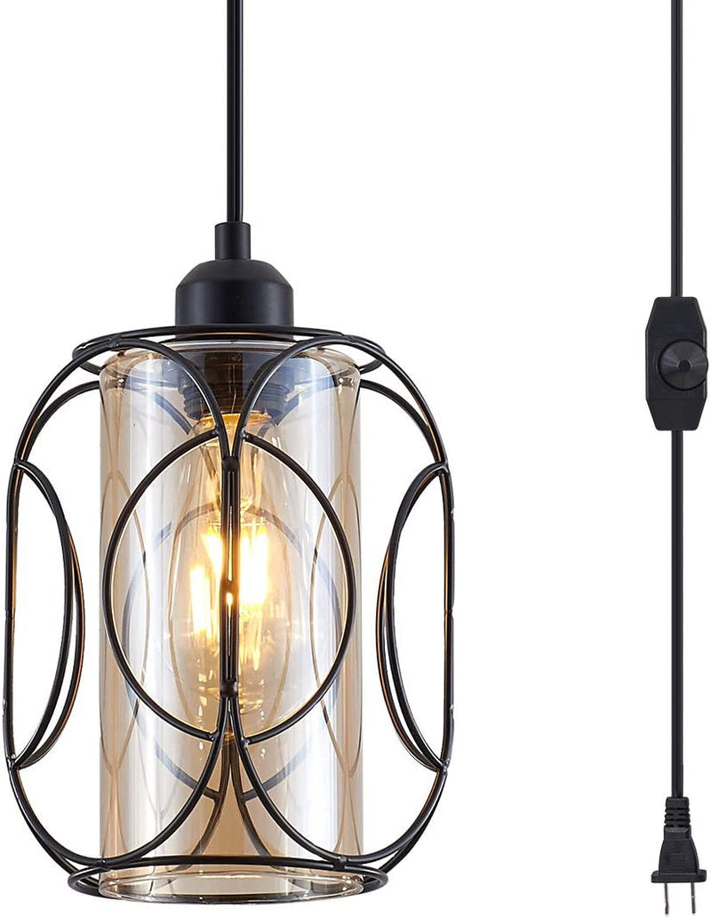 YLONG-ZS Hanging Lamps Swag Lights Plug in Pendant Light with On/Off Switch Wire Caged Hanging Pendant Lamp,Bronze Finish with Amber Glass Inner Shade