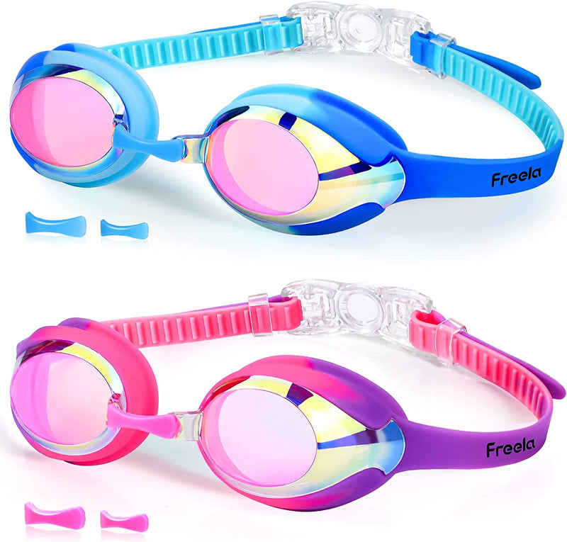 Freela Kids Goggles, 2 Pack Kids Swim Goggles (3-12), anti Fog UV Protection Swimming Goggles for Toddler Kids Boys Girls