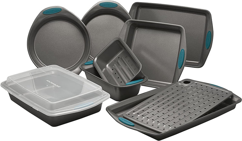 Rachael Ray Nonstick Bakeware Set with Grips Includes Nonstick Bread Pan, Baking Pans, Cookie Sheet, Baking Sheet and Cake Pans - 10 Piece, Gray with Marine Blue Grips Home & Garden > Kitchen & Dining > Cookware & Bakeware Meyer Corporation Marine Blue Grips 10 Piece 