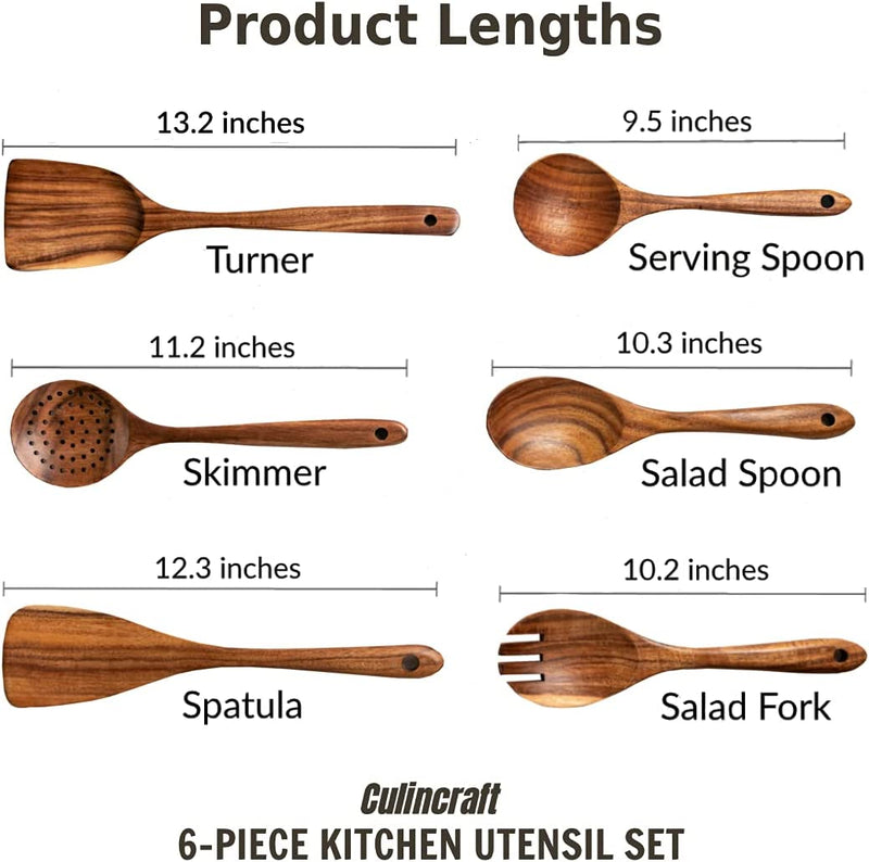 Culincraft Wooden Kitchen Utensil Set, Wooden Cooking Utensils, Wooden Utensils for Cooking, 6-Piece Set of Nonstick Teak Wood Kitchen Tools with Spoons, Spatulas, Skimmer, Salad Fork, and Gift Box Home & Garden > Kitchen & Dining > Kitchen Tools & Utensils Culincraft   