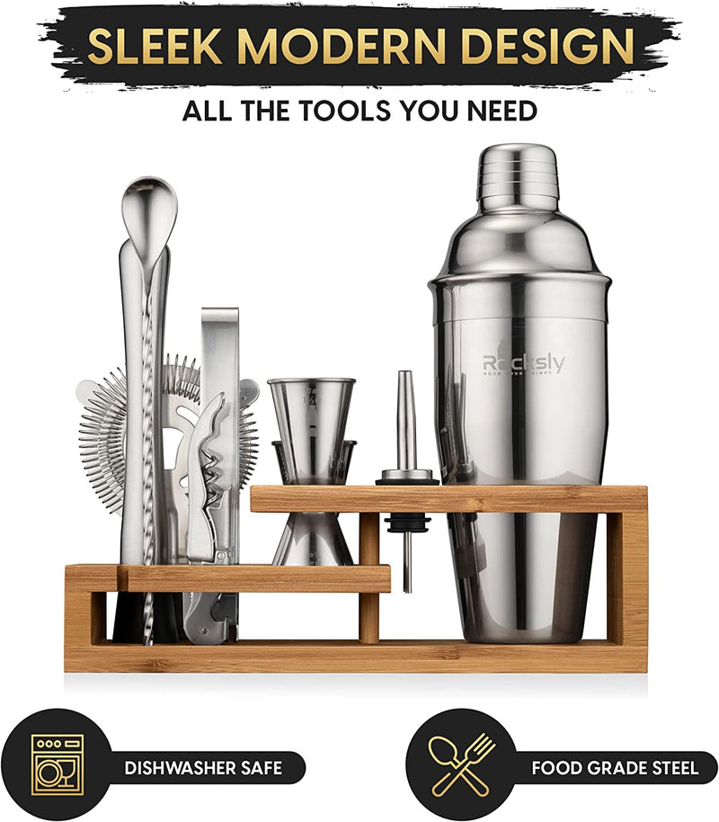 ROCKSLY Mixology Bartender Kit and Cocktail Shaker Set for Drink Mixing | Mixology Set with 10 Bar Set Tools and Bamboo Stand Makes It the Perfect Home Cocktail Kit | Complete Bartender Kit (Silver) Home & Garden > Kitchen & Dining > Barware ROCKSLY   