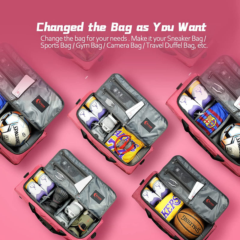 Sneaker Bag for Travel /Sneakerhead Gift /Outdoor Sports Bag /Gym Bag /Travel Duffel with 3 Adjustable Dividers,& Shoulder Strap, by Krone Kalpasmos-Pink