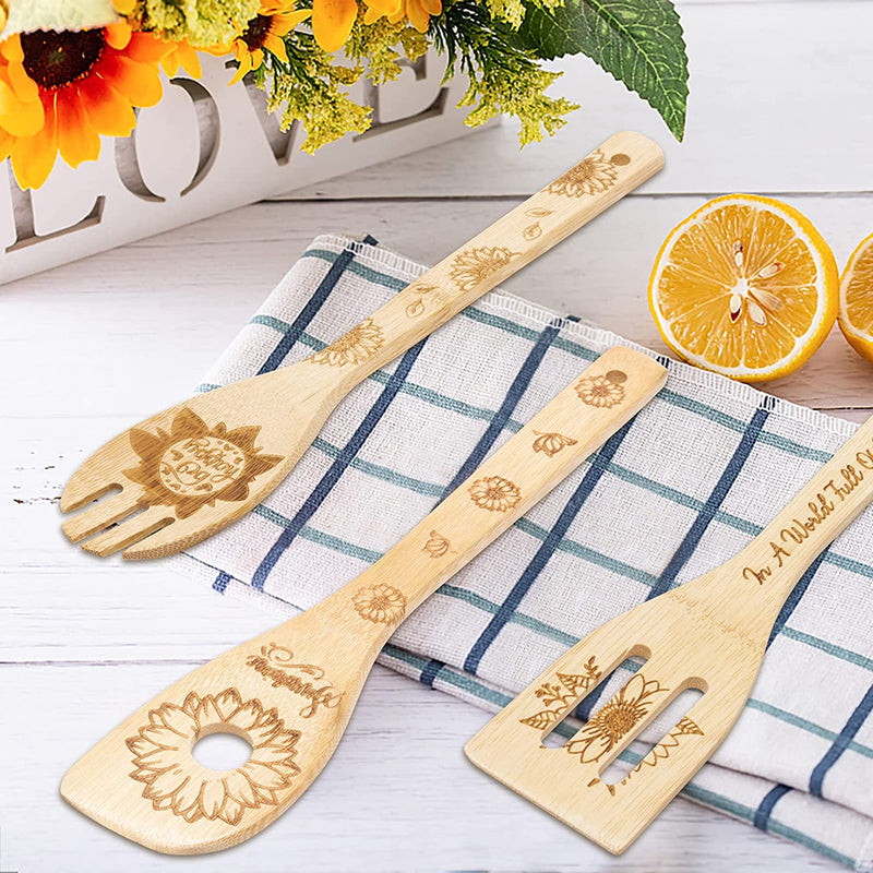 Eartim 5Pcs Sunflower Wooden Spoons Utensils Set, Summer Sunflower Theme Kitchen Cooking Utensils Natural Non-Stick Carve Burned Bamboo Cooking Spoon Slotted Spatulas Tools Birthday Wedding Gifts Home & Garden > Kitchen & Dining > Kitchen Tools & Utensils Eartim   