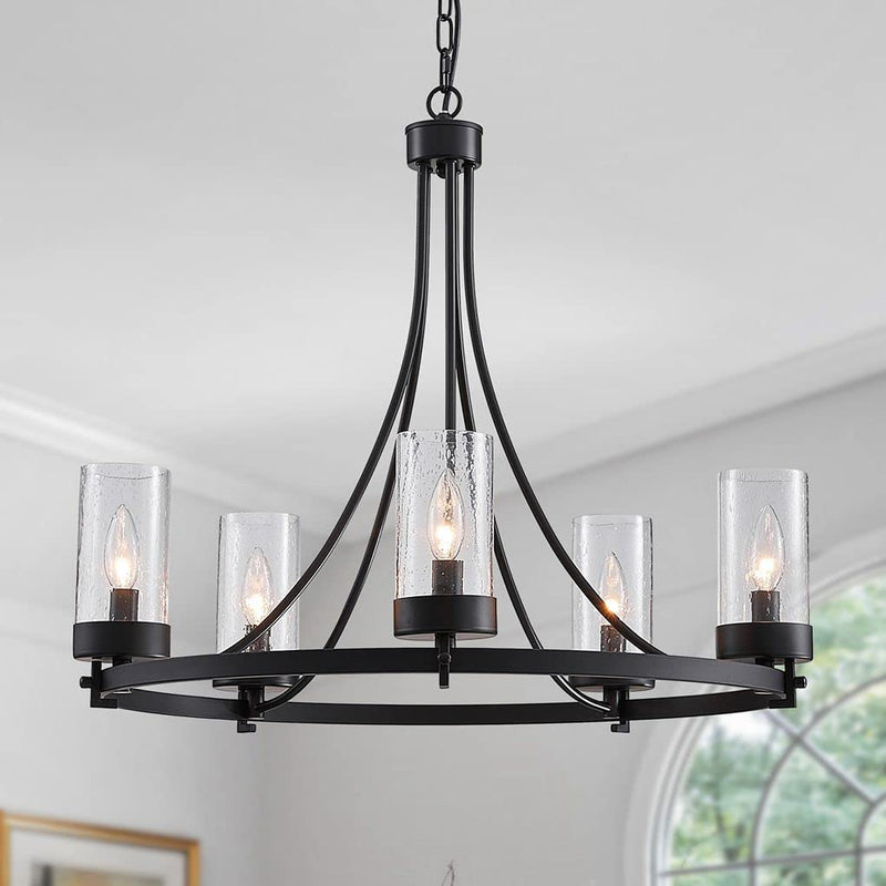 WUZUPS 5-Light Wagon Wheel Chandelier Rustic Farmhouse Industrial round Pendant Light Fixture with Clear Seeded Glass Shades for Dining Room Kitchen Island, H 20.5" X W 26.2", E12 Base, Black Home & Garden > Lighting > Lighting Fixtures > Chandeliers WUZUPS Black  