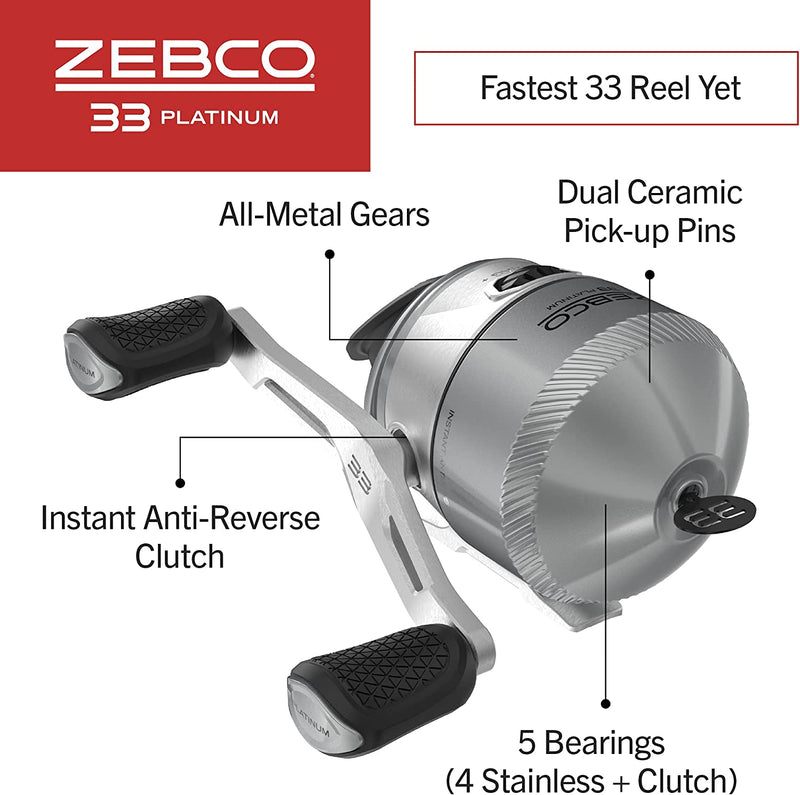 Zebco 33 Platinum Spincast Reel, 5 Ball Bearings (4 + Clutch), Instant Anti-Reverse with a Smooth Dial-Adjustable Drag, Powerful All-Metal Gears and Spooled with 10-Pound Cajun Line