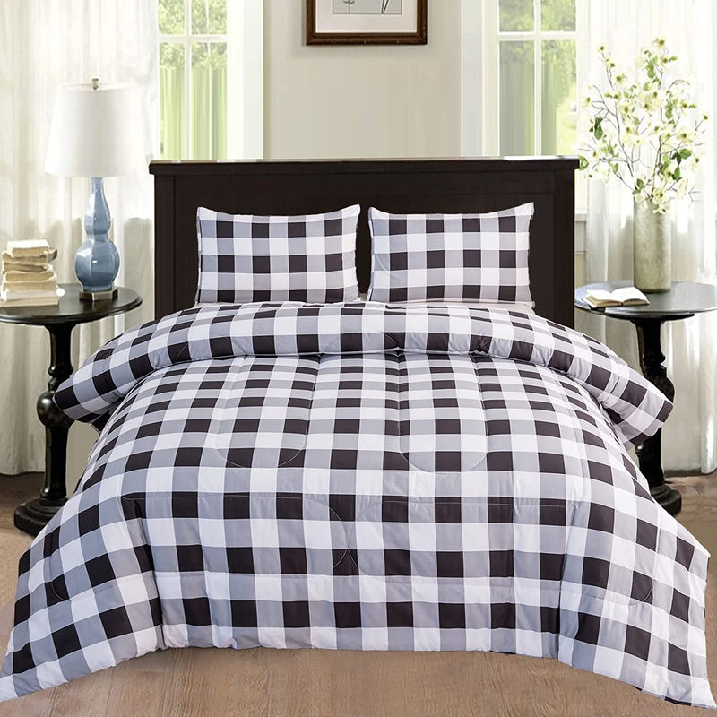 PERFEMET White Grid Queen Comforter Set Geometric Checkered Plaid Bedding Sets Farmhouse Rustic Bed Quilt Set for Teens Boys Girls (Black and White, Queen Size) Home & Garden > Linens & Bedding > Bedding PERFEMET Grey White King 