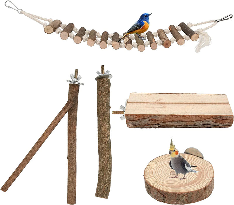 Yuehuamech 5Pcs Natural Wood Bird Perch Stand Parrots Standing Grinding Platform Stick Ladder with Swing Cage Accessories for Parrotlets Cockatiels Budgies Parakeets Animals & Pet Supplies > Pet Supplies > Bird Supplies Yuehuamech   