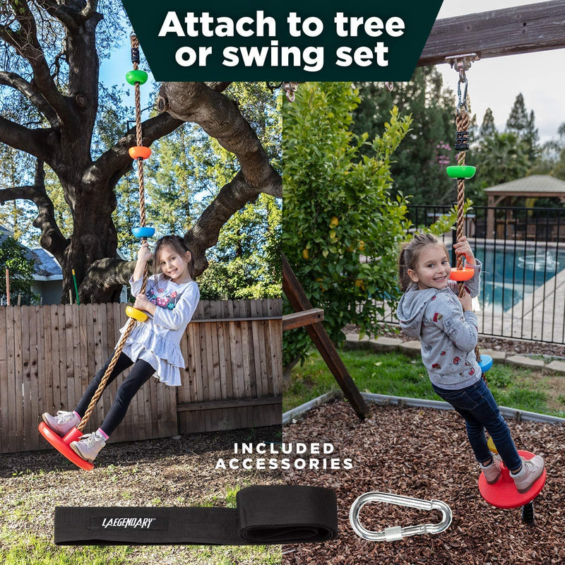 LAEGENDARY Tree Swing for Kids - Single Disk Outdoor Climbing Rope W/ Platforms, Carabiner & 4 Ft Tree Strap - Playground Accessories - Multicolored Sporting Goods > Outdoor Recreation > Winter Sports & Activities LAEGENDARY   