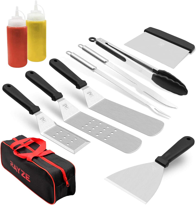 Rayze Griddle Accessories Kit, 10 Pcs Professional Heavy Duty Stainless Steel Cooking Tools with Carrying Bag Spatula Scraper and Accessories Great for Outdoor BBQ and Camping Home & Garden > Kitchen & Dining > Kitchen Tools & Utensils Rayze   