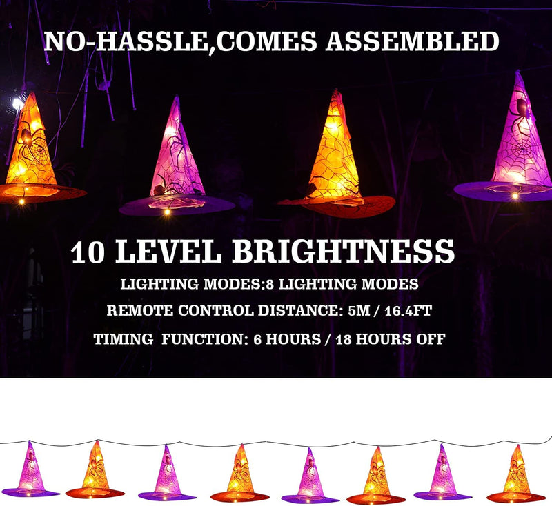Funpeny Halloween Decoration Lights, 8 PCS Waterproof Hanging Witch Hat with String Lights with Remote, Hanging Halloween Decorations for Indoor Outdoor Garden Yard Party Decor  Funpeny   