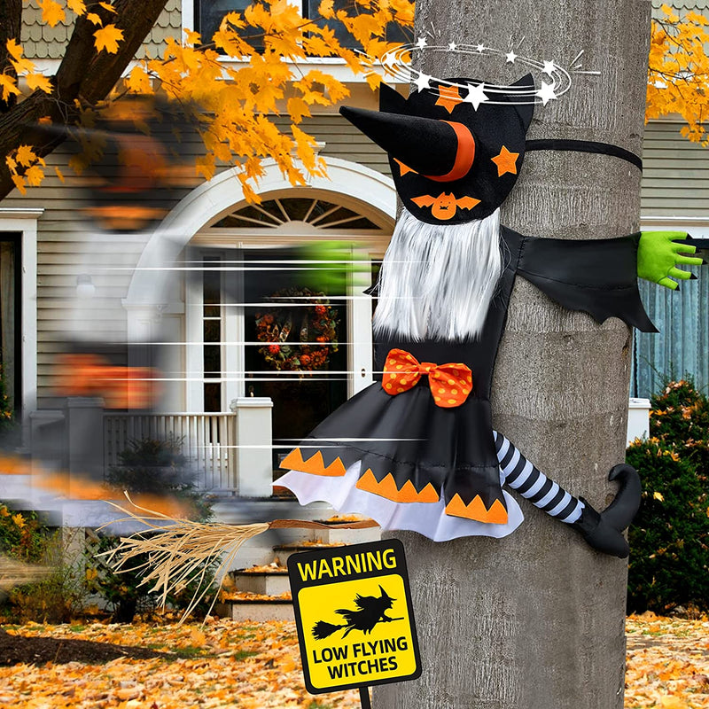 Crashing Witch Decor, Halloween Decorations Clearance Outdoor Witch Props Ornaments, Hanging into Tree/Porch Pole/Door/Indoor/Yard, with Adjustable Band, outside Garden Funny Witches Flying Crashed  Bswalf White  