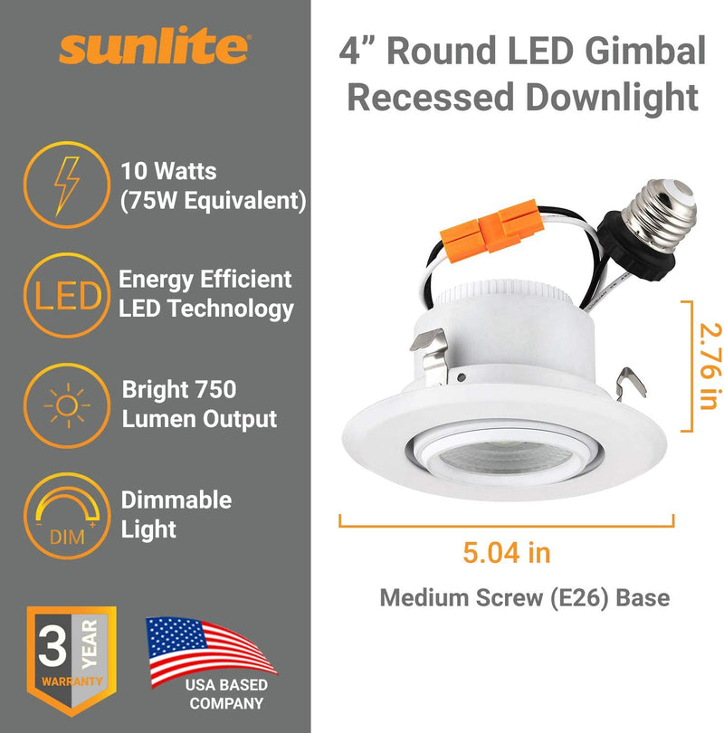 Sunlite 82081-SU LED 4-Inch round Retrofit Gimbal Recessed Downlight with Medium Base Adapter (E26), 10 Watts (75W Equivalent), Dimmable, ETL Listed, 1 Pack, 30K-Warm White Home & Garden > Lighting > Flood & Spot Lights Sunlite   