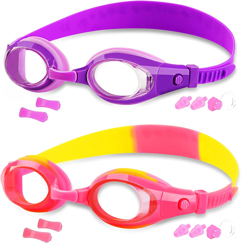 COOLOO Kids Goggles for Swimming for Age 3-15, 2 Pack Kids Swim Goggles with Nose Cover, No Leaking, Anti-Fog, Waterproof Sporting Goods > Outdoor Recreation > Boating & Water Sports > Swimming > Swim Goggles & Masks COOLOO Purple & Red  