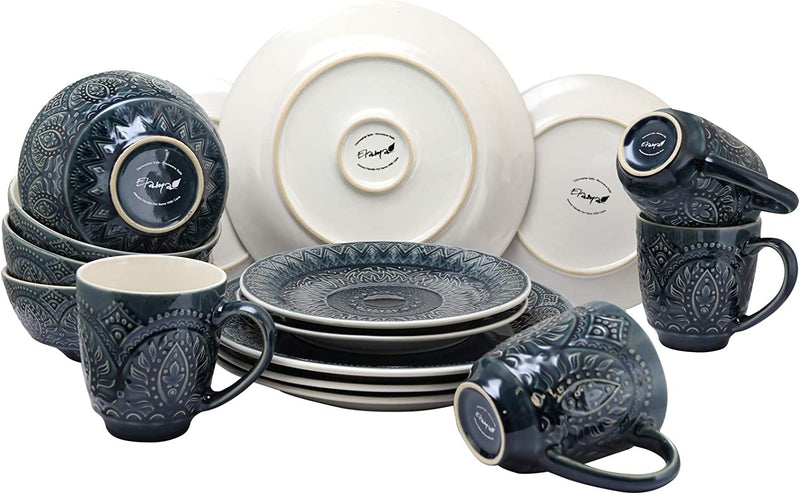 Elama Decorated round Stoneware Deep Embossed Dinnerware Dish Set, 16 Piece, Dark Navy Blue